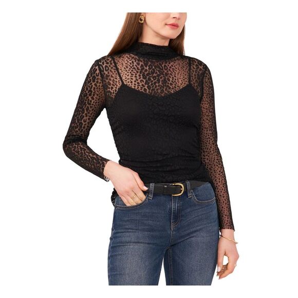 VINCE CAMUTO Tops - VINCE CAMUTO Womens Black Mesh Fitted Lined Back Long Sleeve Top XXS